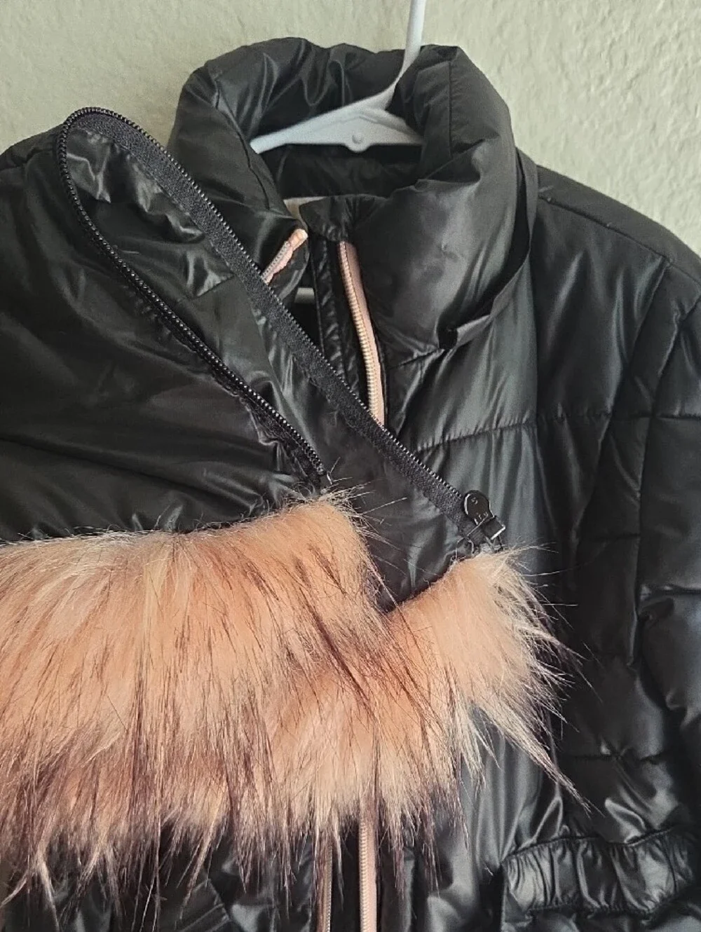 Michael Kors Black Puffer Coat with Pink Faux-Fur Hood Trim